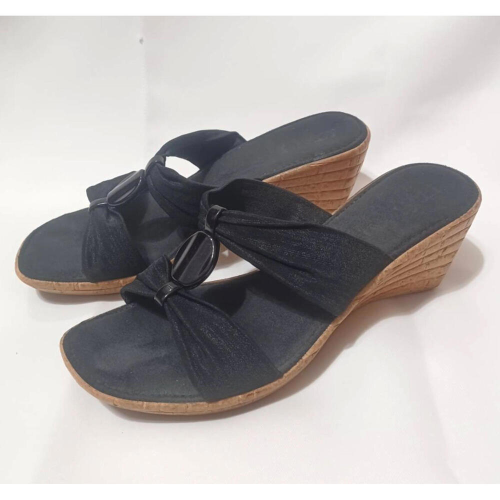 Italian Shoemaker Women Wedge Heels Shoes US 6.5 Slip On Black Sandal Open‎ Toe